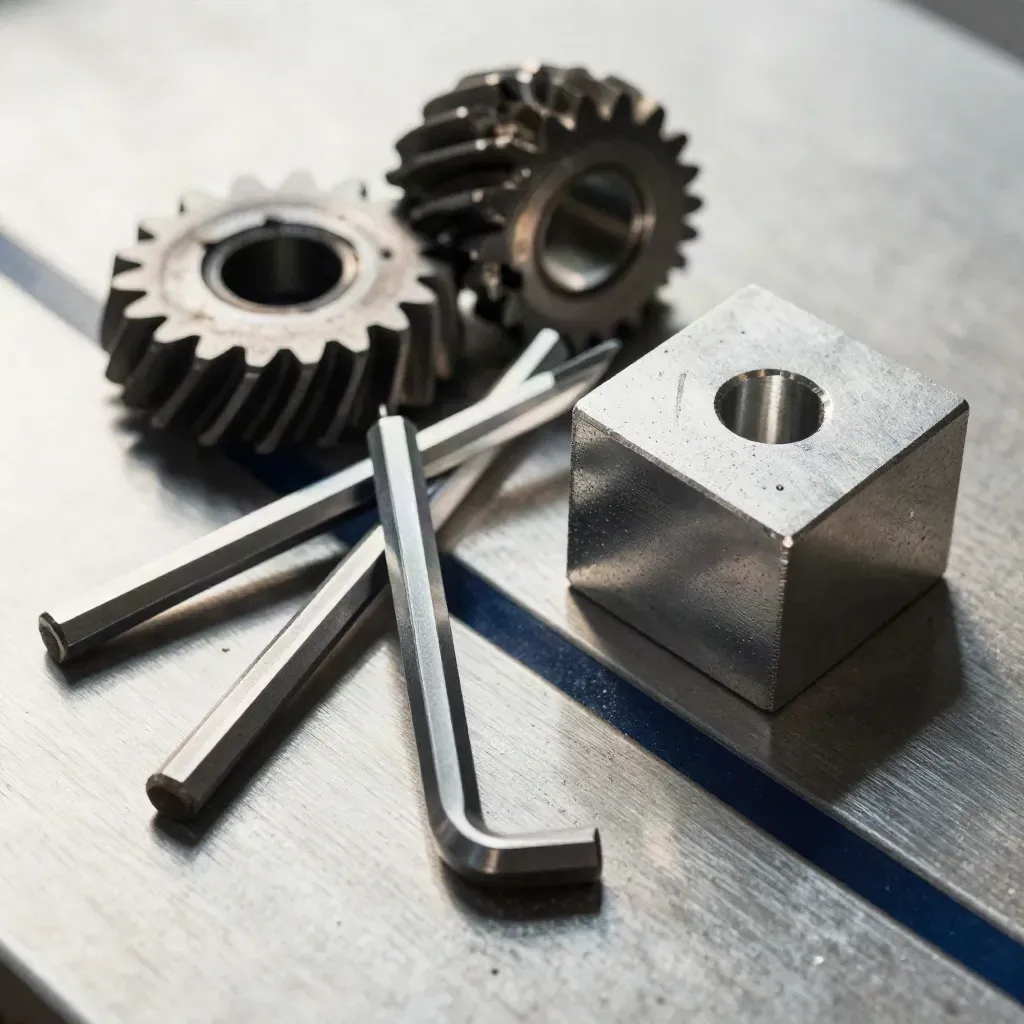 Macro of gear teeth, hex keys, and an aluminum spacer on brushed steel.