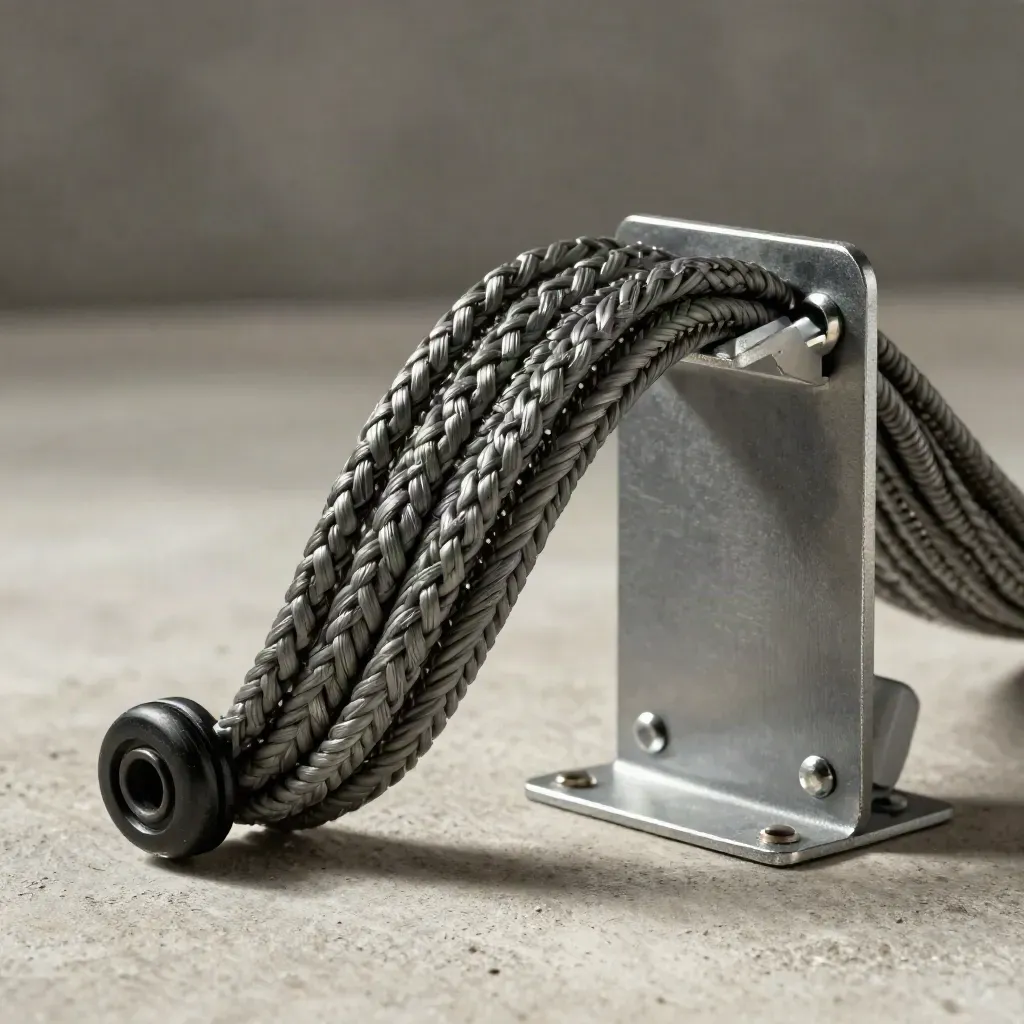 Industrial wire harness, grommet, bracket, and support panel in a moody close-up