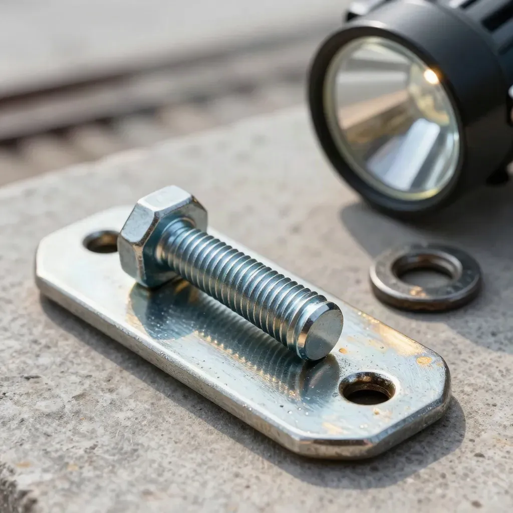 Rail fastening plate, bolt, washer and lamp housing on pale stone in soft daylight.