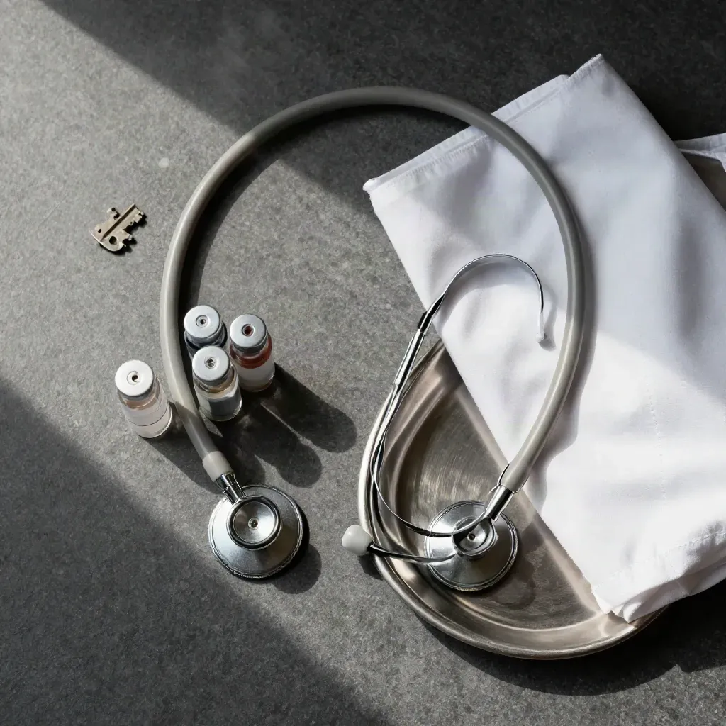 Stethoscope, sample vials, white drape, and metal tray on graphite stone