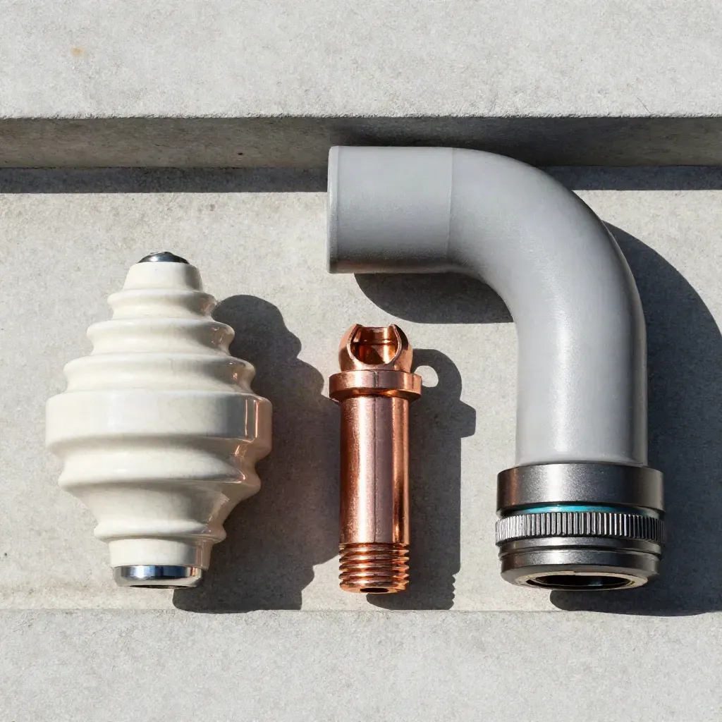 Top-down industrial still life of ceramic, copper and conduit parts on pale concrete.