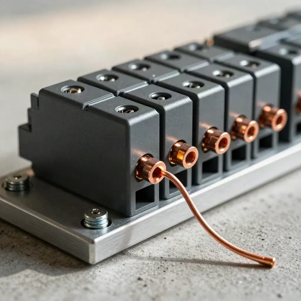 Macro of a DIN-rail relay module, terminal block, ferrules and jumper leads on a concrete workbench.