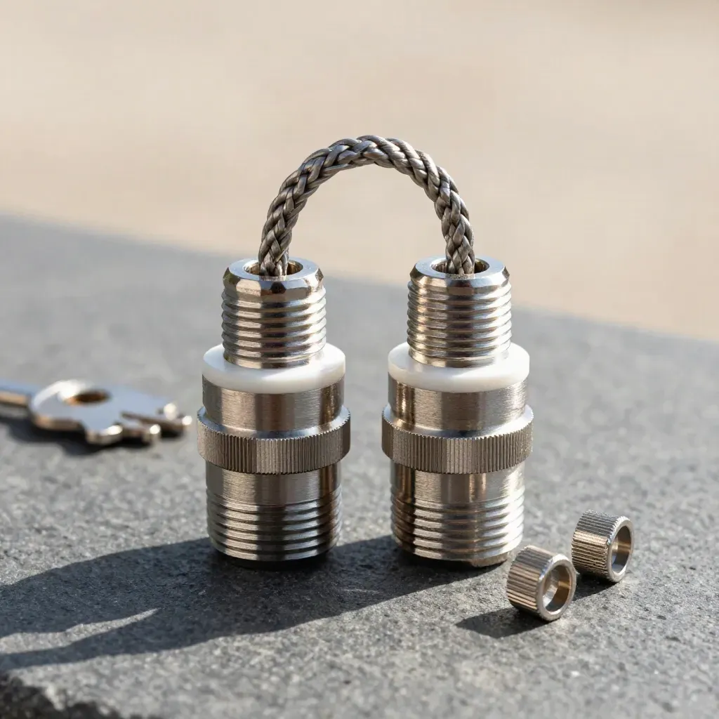 Two metal API couplers with braided leads on graphite stone, lit dramatically.
