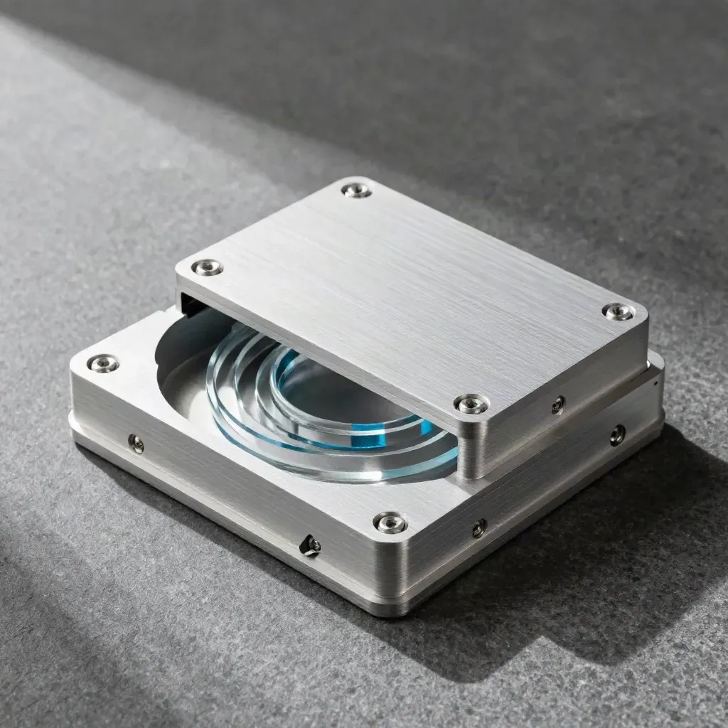 Top-down hardware still life with aluminum enclosure, spacers, screws, and brackets on graphite stone.