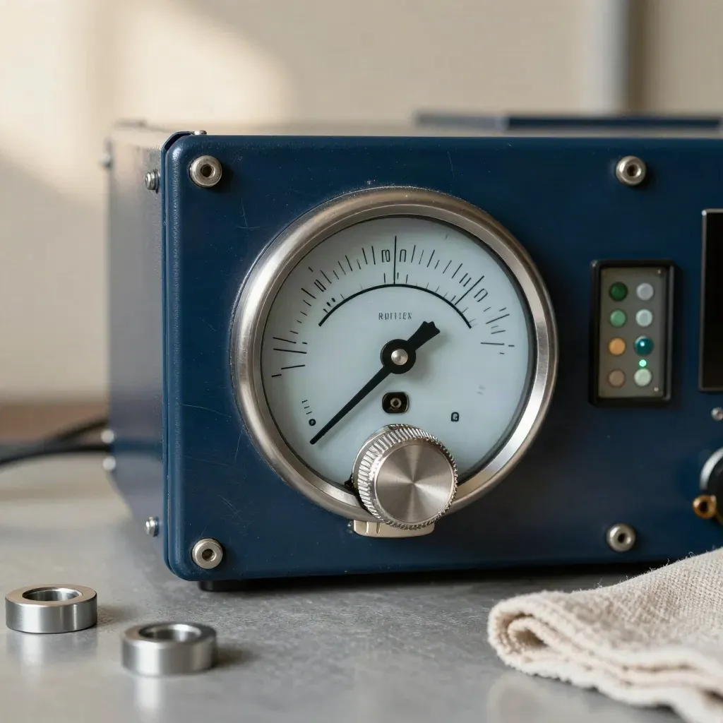 Macro view of a gauge cluster, selector knob, and status lights in a rack control unit