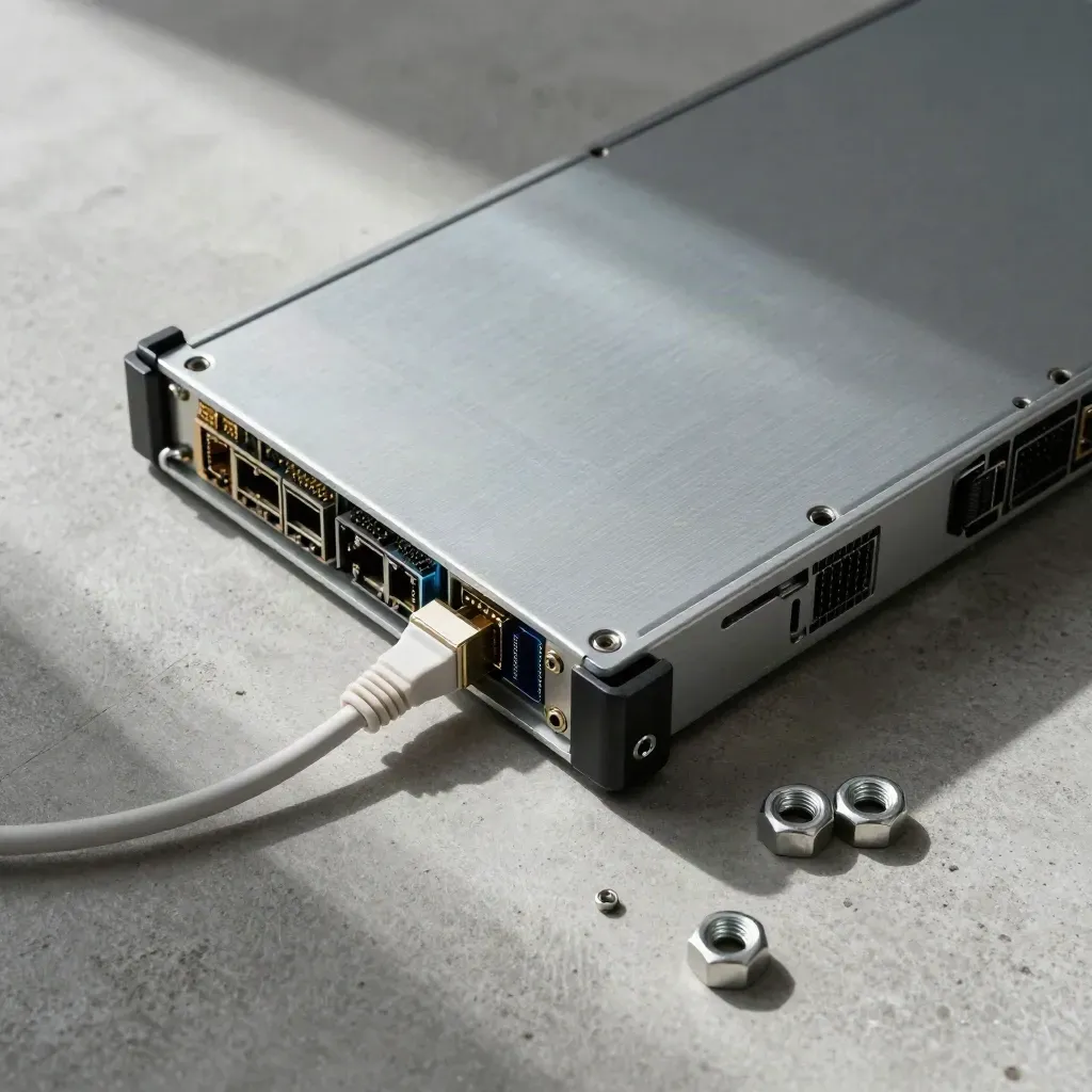 Top-down server sled flatlay with SFP transceiver, white patch cable, and cage nuts on concrete.