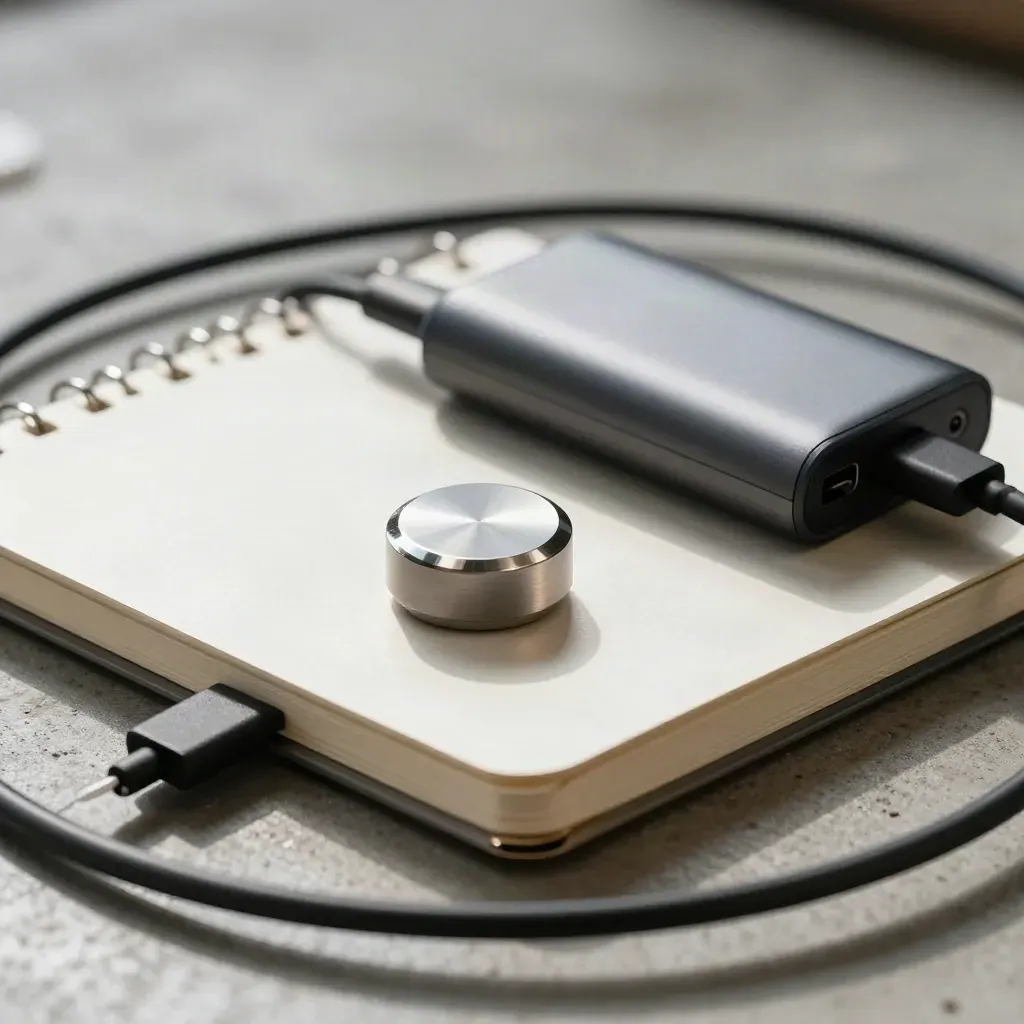Closed silver notebook, prototype puck, power bank and cable loop on a concrete bench