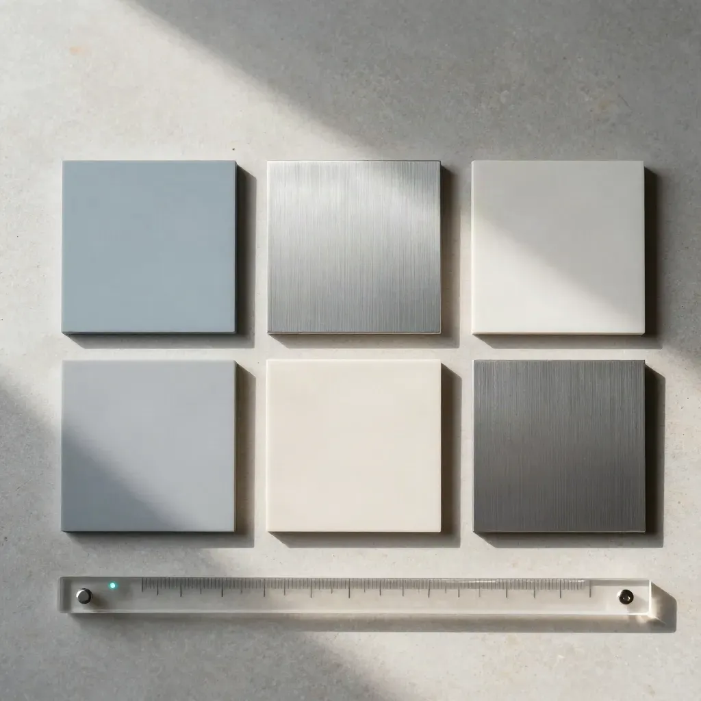 Three prototype modules with swatches, alignment block, and acrylic foreground blur on stone.