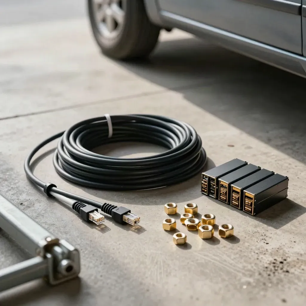 Ethernet coil, SSDs, cable ties and rack nuts on concrete with a blurred latch foreground.