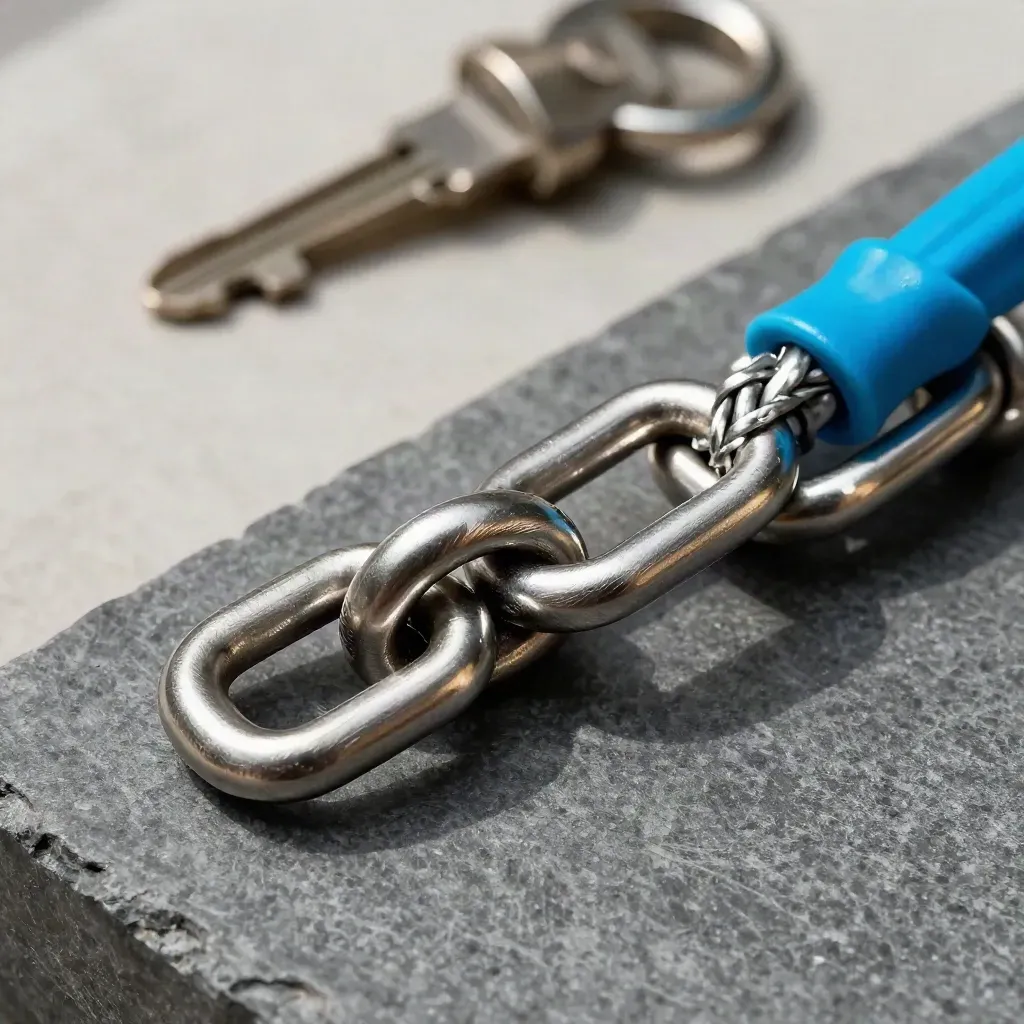 Brushed steel rings, braided patch lead, and cable ferrule on graphite stone with cyan accent.