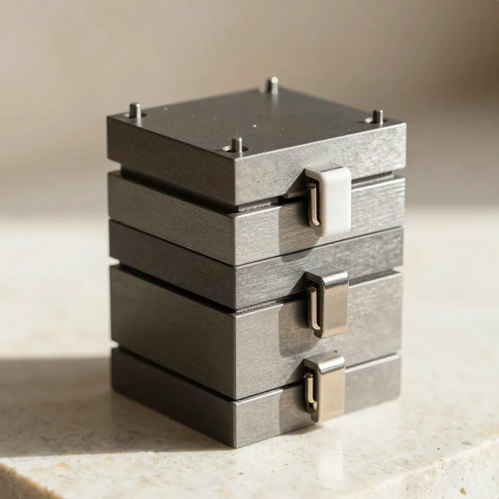Macro still life of machined blocks, pins and a sprung clasp on pale stone, lit from the upper left.