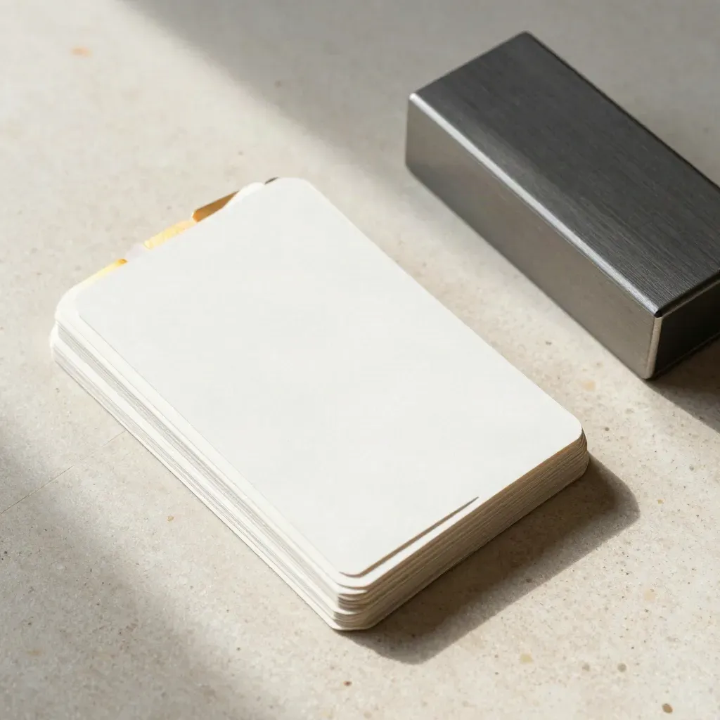 Top-down still life of modular cards, tabs, and a storage block on pale stone.