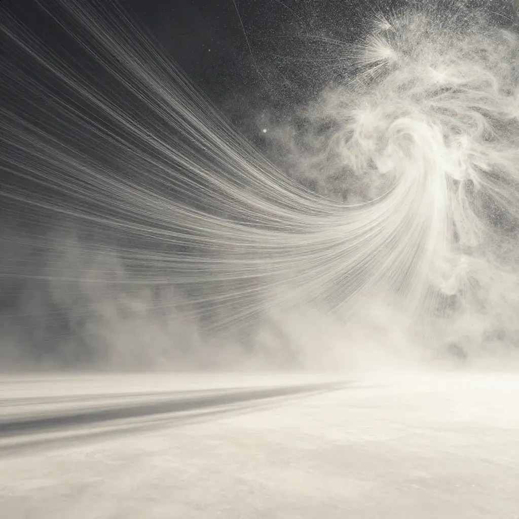 Silver filaments stream into a white bloom in graphite space, with open haze for copy.